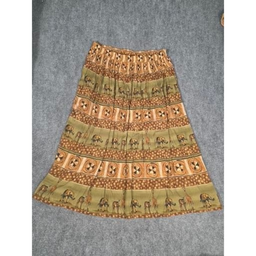 VTG Stonebridge Safari Animal Print Maxi Skirt 2X Green Brown Giraffe Rayon Boho